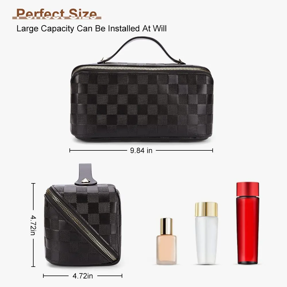 Large Capacity Travel Cosmetic Bag Plaid Checkered Makeup Bag Portable Leather Waterproof Skincare Bag with Handle and Divider for Women 01-Black