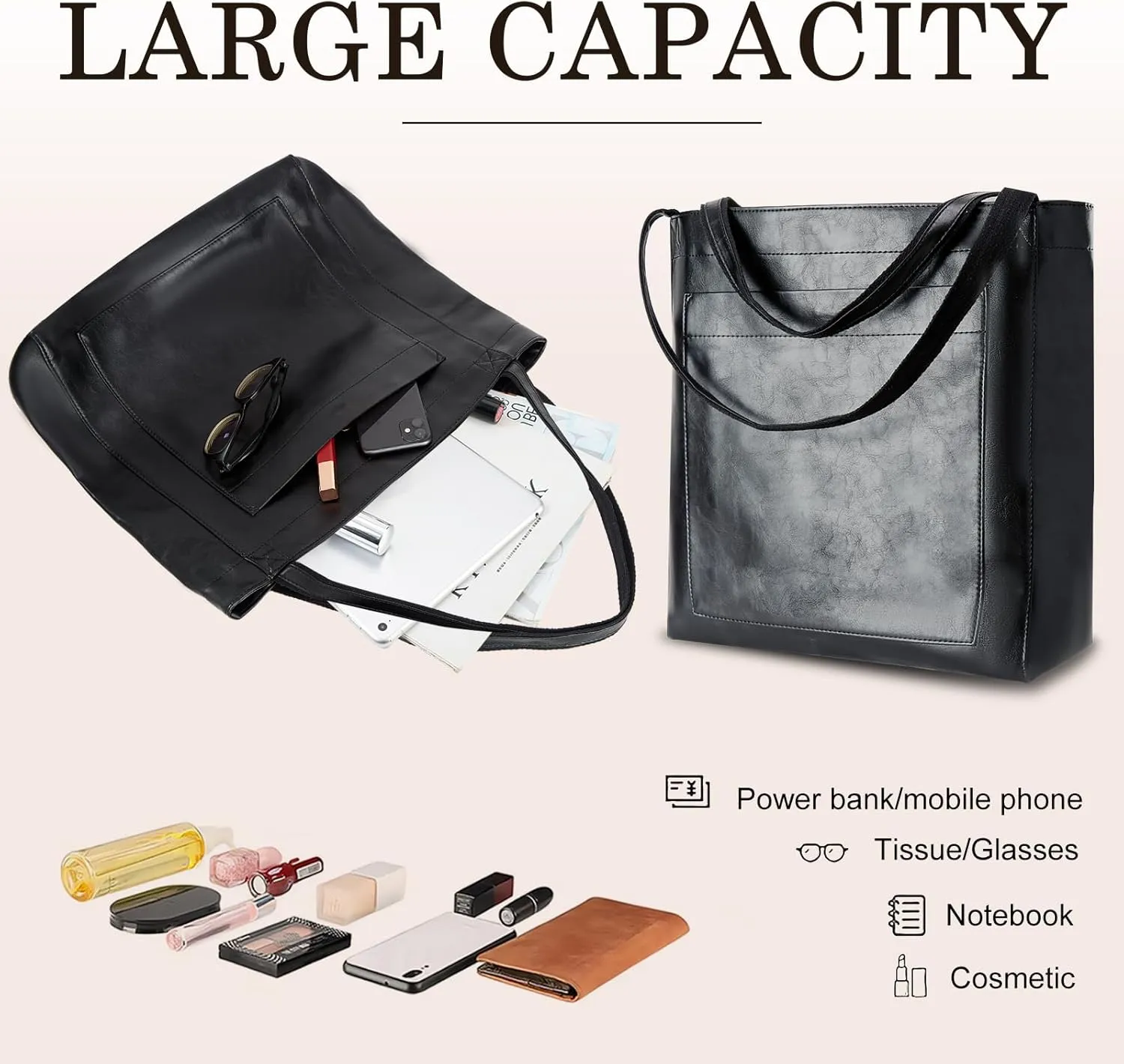 Large Capacity Vintage Leather Tote Bag for Women Purses and Ladies Shoudler Handbags Casual Travel Bag