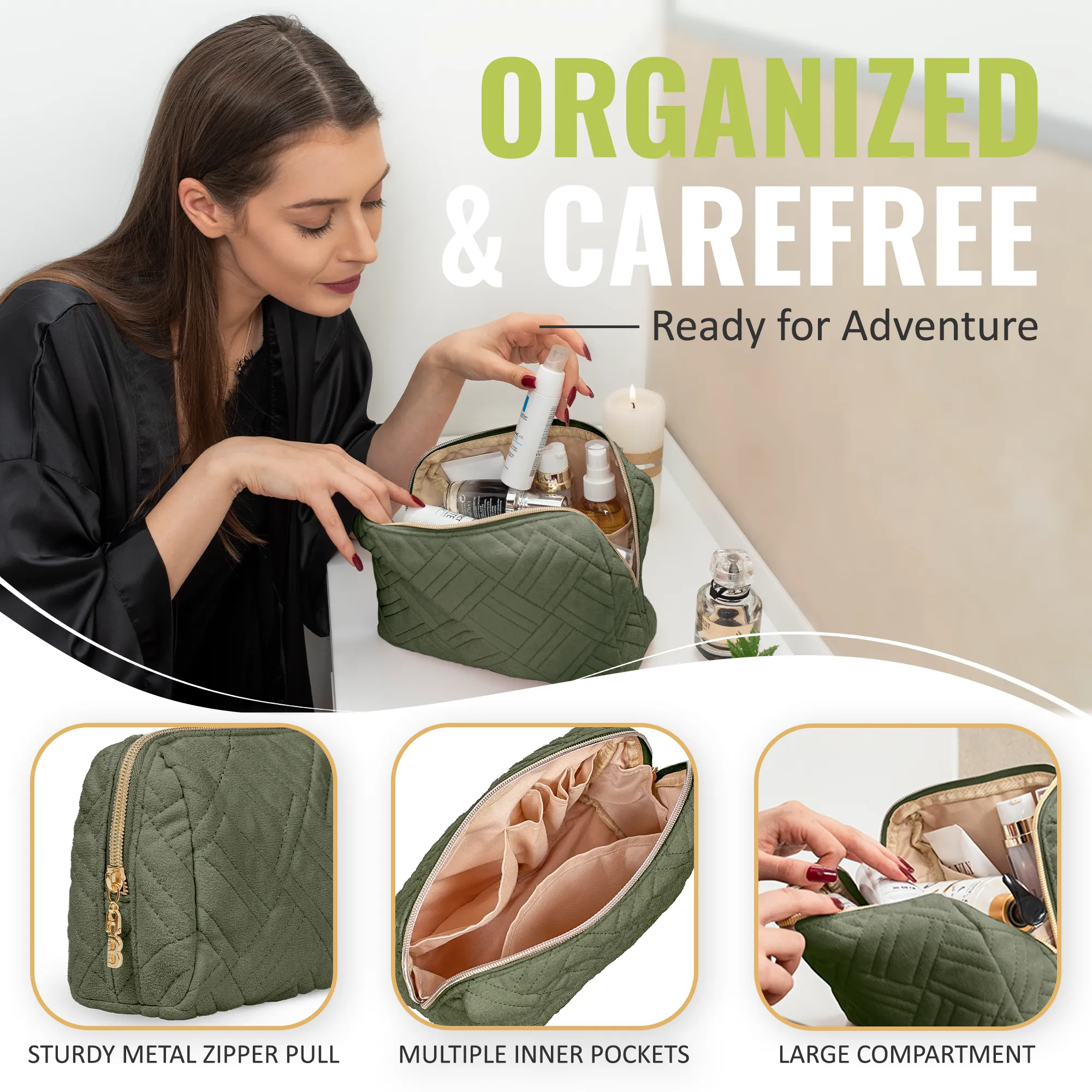 Large Embroidered Cosmetic Pouch - Olive Green