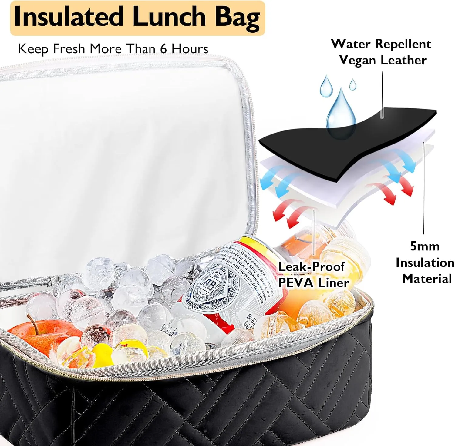 Large Lunch Bag Women - 2 Tier Vegan Leather Insulated Leakproof Waterproof Lunch Box Cooler with Removable Strap for Work Travel Picnics Teacher Mothers Day Christmas Gifts for Women