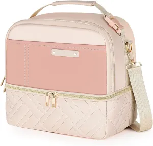 Large Lunch Bag Women - 2 Tier Vegan Leather Insulated Leakproof Waterproof Lunch Box Cooler with Removable Strap for Work Travel Picnics Teacher Mothers Day Christmas Gifts for Women