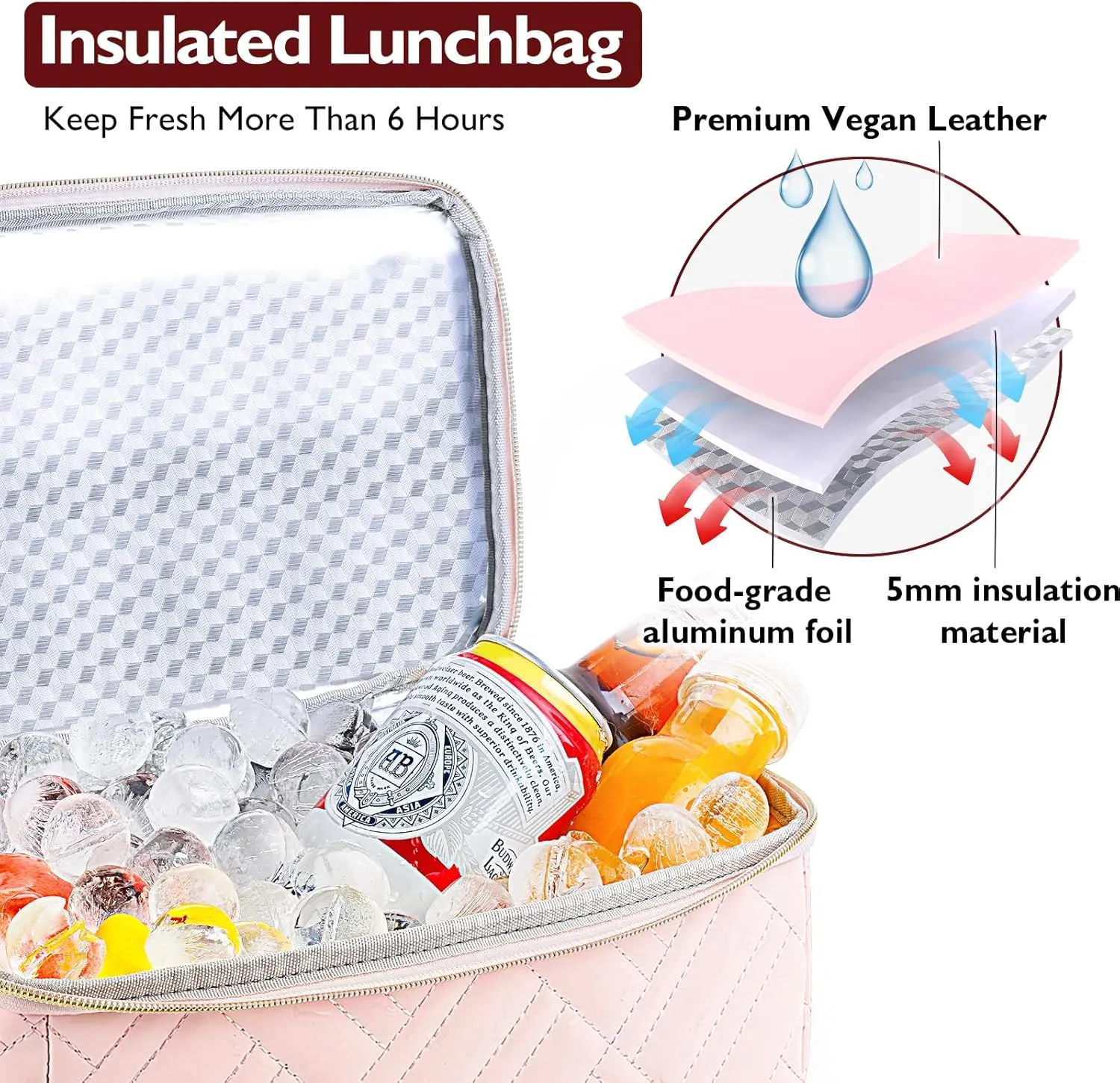 Large Lunch Bag Women - 2 Tier Vegan Leather Insulated Leakproof Waterproof Lunch Box Cooler with Removable Strap for Work Travel Picnics Teacher Mothers Day Christmas Gifts for Women