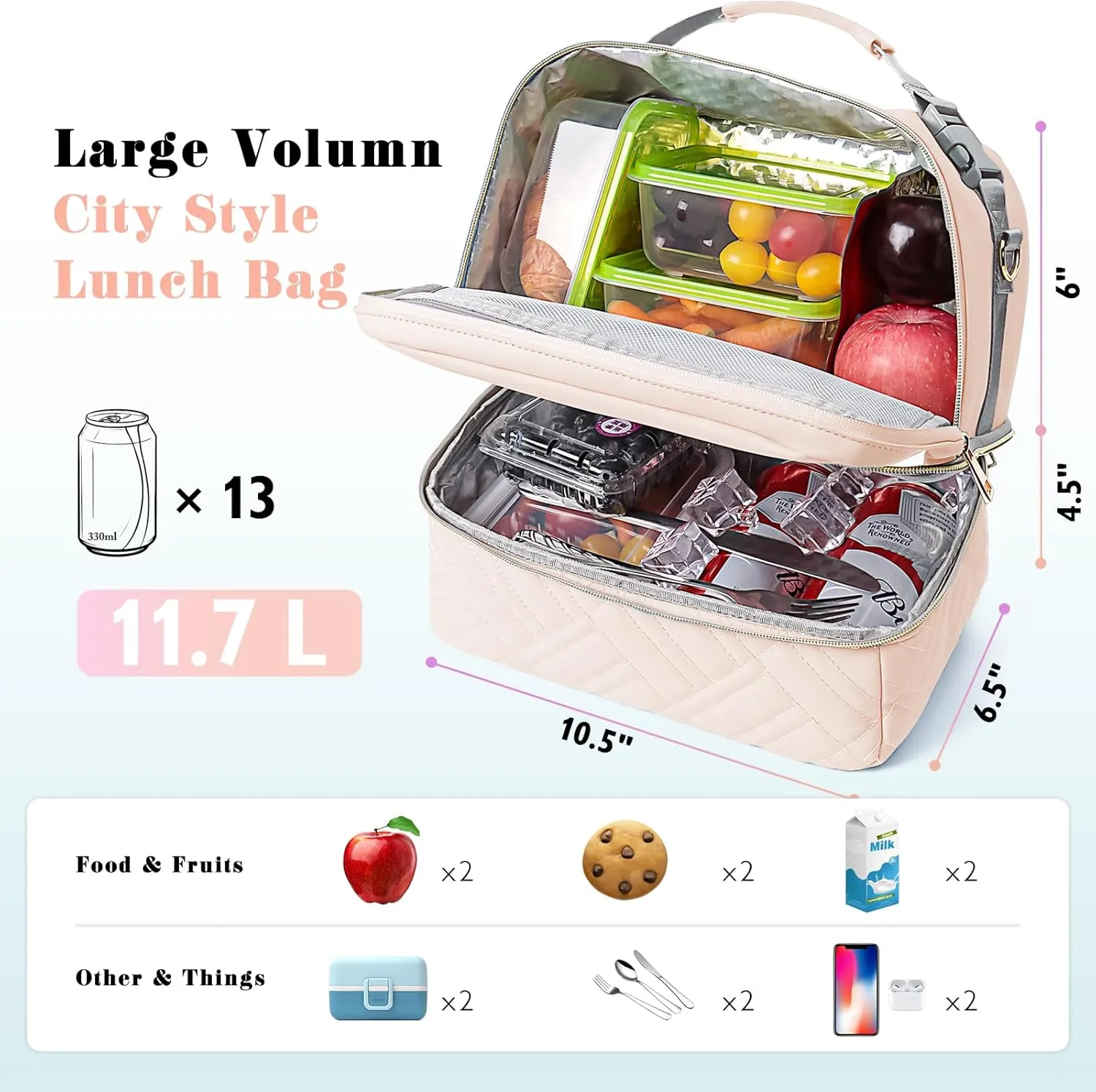 Large Lunch Bag Women - 2 Tier Vegan Leather Insulated Leakproof Waterproof Lunch Box Cooler with Removable Strap for Work Travel Picnics Teacher Mothers Day Christmas Gifts for Women