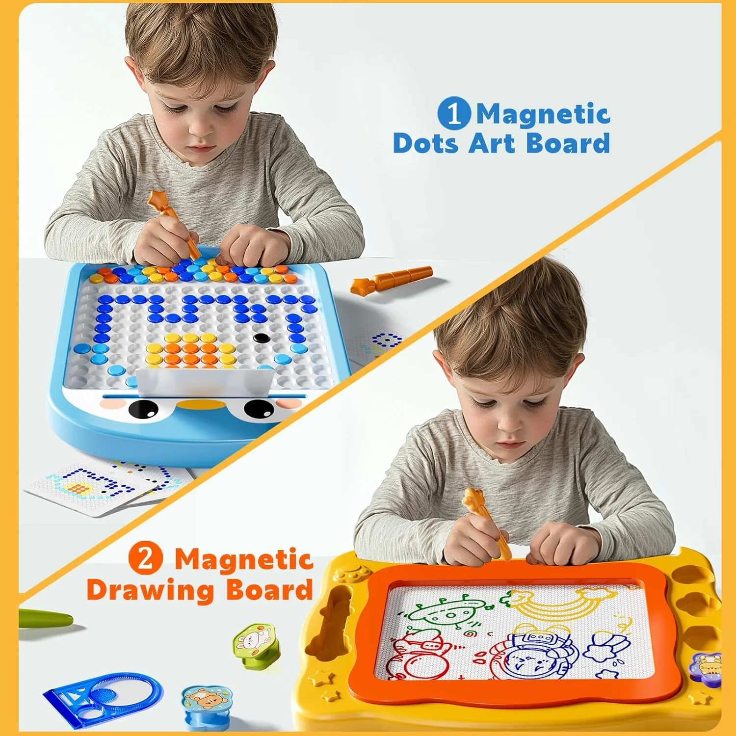 Large Magnetic Dots Board for Toddlers, 2 Pcs Magnetic Drawing Board for Kids, Magnetic Dot Art with Magnetic Pen, Preschool Education Travel Toys for Kids Boys Girls Age Toddler 3 4 5 6 7 8 Years Old