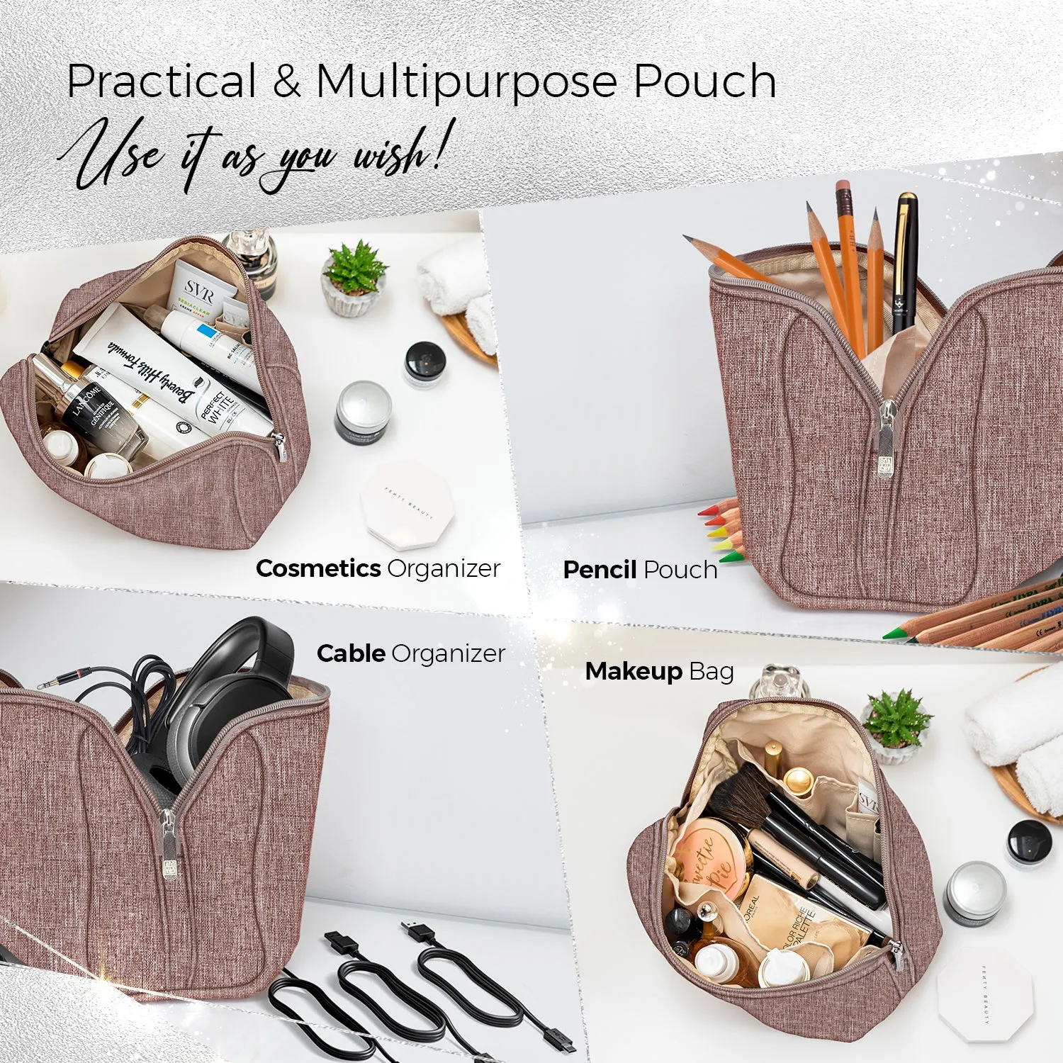 Large Minimalist Cosmetic Pouch - Coffee with Milk Brown