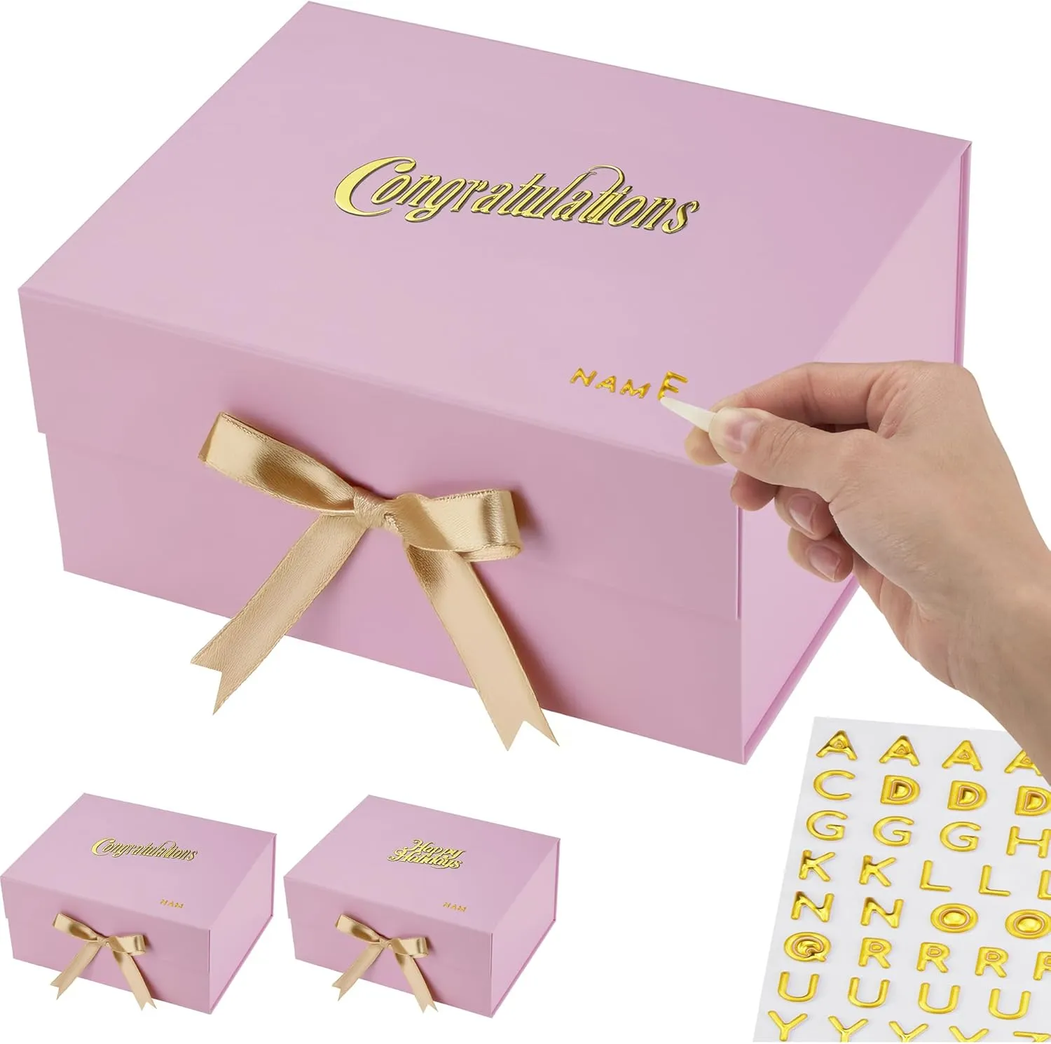 Large Pack Of 3 Luxury Pink Gift Box 12x9x6 Inches – Personalized Mother's Name DIY Kit, Magnetic Lid & Bow – 3D “Congratulations” Text, Card & Bag – Mother's day, Birthdays, Weddings, Bridesmaid Proposals & More