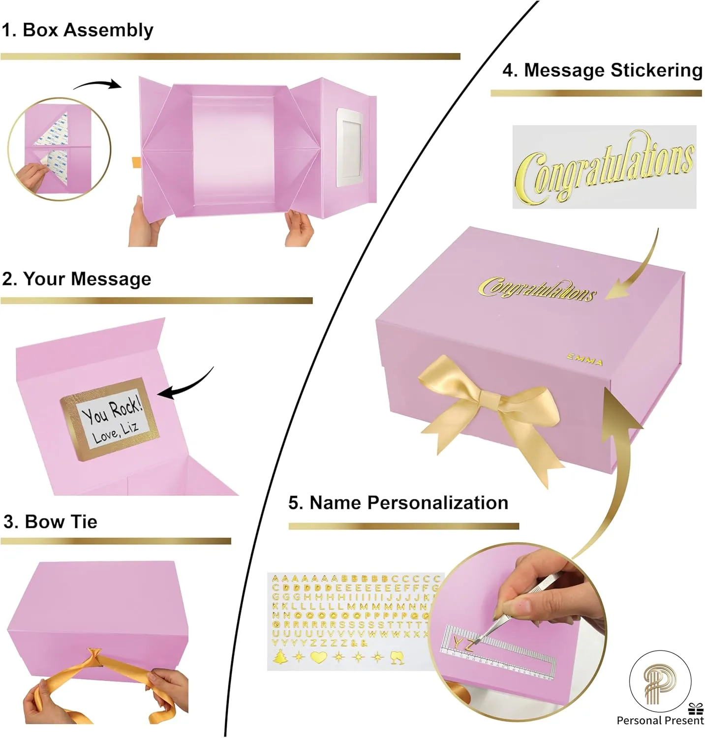 Large Pack Of 3 Luxury Pink Gift Box 12x9x6 Inches – Personalized Mother's Name DIY Kit, Magnetic Lid & Bow – 3D “Congratulations” Text, Card & Bag – Mother's day, Birthdays, Weddings, Bridesmaid Proposals & More