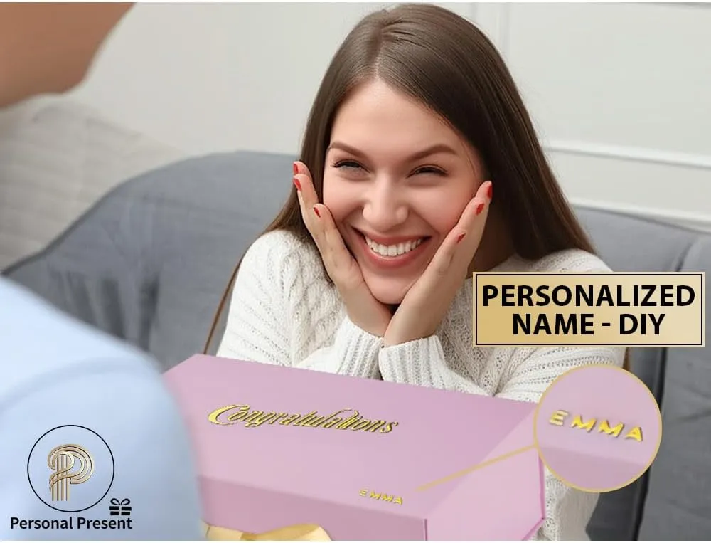 Large Pack Of 3 Luxury Pink Gift Box 12x9x6 Inches – Personalized Mother's Name DIY Kit, Magnetic Lid & Bow – 3D “Congratulations” Text, Card & Bag – Mother's day, Birthdays, Weddings, Bridesmaid Proposals & More