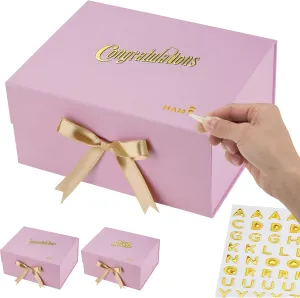 Large Pack Of 3 Luxury Pink Gift Box 12x9x6 Inches – Personalized Mother's Name DIY Kit, Magnetic Lid & Bow – 3D “Congratulations” Text, Card & Bag – Mother's day, Birthdays, Weddings, Bridesmaid Proposals & More