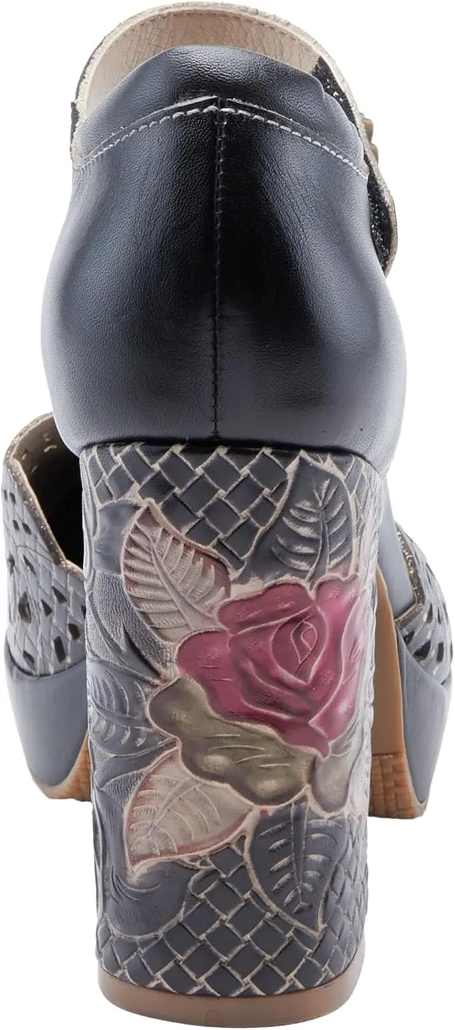 L'Artiste Debbihary Mary Jane Pump Shoes for Women | Pointed Closed Toe High Heels for Women with Rose Embossed Details and Adjustable Ankle Strap