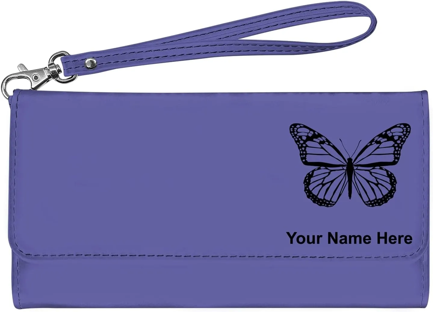 LaserGram Faux Leather Womens Wallet with Strap, Monarch Butterfly, Personalized Engraving Included (Dark Purple)