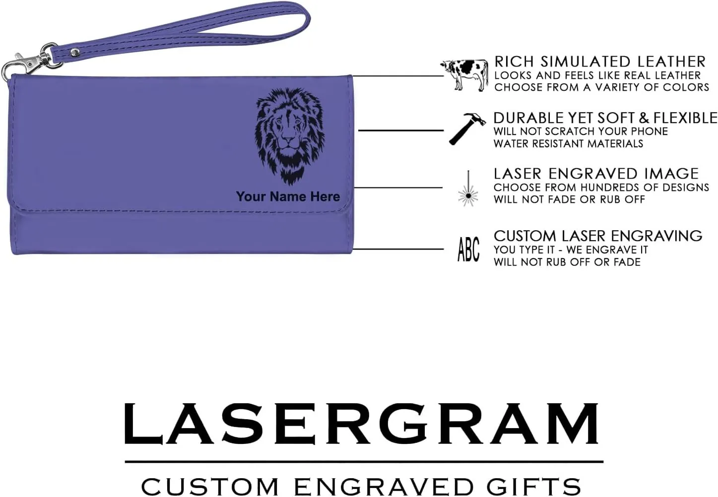 LaserGram Faux Leather Womens Wallet with Strap, Monarch Butterfly, Personalized Engraving Included (Dark Purple)