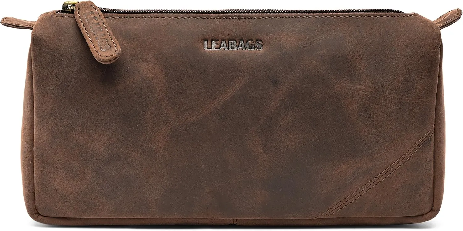 LEABAGS Leather Toiletry Bag for Men - Vintage Genuine Buffalo Leather - Mens Travel Bag Toiletry Palm Bay Black