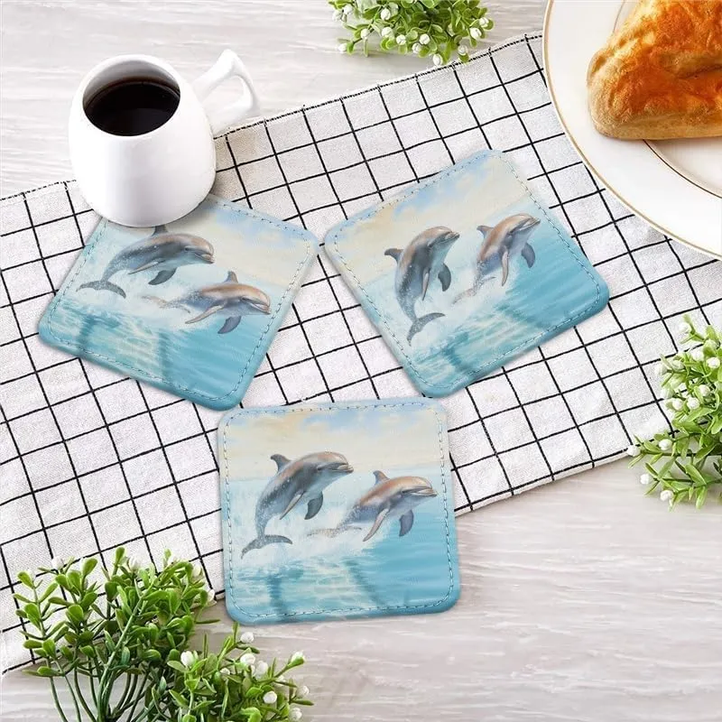 Leather Drinks Coasters 6pcs,Dolphins Jumping Out of The Water with Blue Sea Background Square PU Coaster with Holder for Tabletop Protection,Prevent Water Stains,Suitable for Various Cup,Home Decor