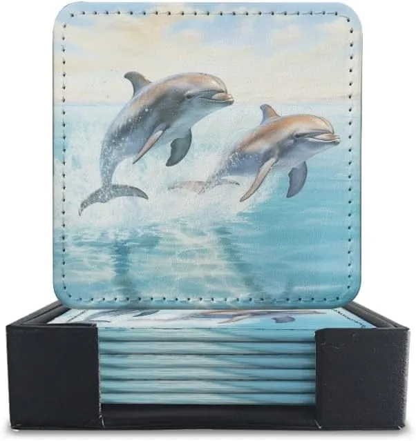 Leather Drinks Coasters 6pcs,Dolphins Jumping Out of The Water with Blue Sea Background Square PU Coaster with Holder for Tabletop Protection,Prevent Water Stains,Suitable for Various Cup,Home Decor