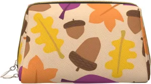 Leather Makeup Bag, Acorn Autumn Fall Leaf Leaves Cosmetic Bags Travel Toiletry Bag for Women, Make up Bag, Large Capacity Makeup Bag Organizer, Cute Makeup Pouch Makeup Case
