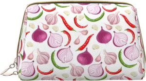 Leather Makeup Bag, Onion garlic bell pepper Cosmetic Bags Travel Toiletry Bag for Women, Make up Bag, Large Capacity Makeup Bag Organizer, Cute Makeup Pouch Makeup Case