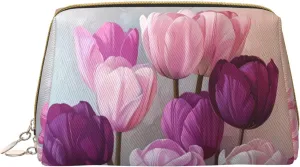 Leather Makeup Bag, Purple And Pink Tulip Bouquet Cosmetic Bags Travel Toiletry Bag for Women, Make up Bag, Large Capacity Makeup Bag Organizer, Cute Makeup Pouch Makeup Case