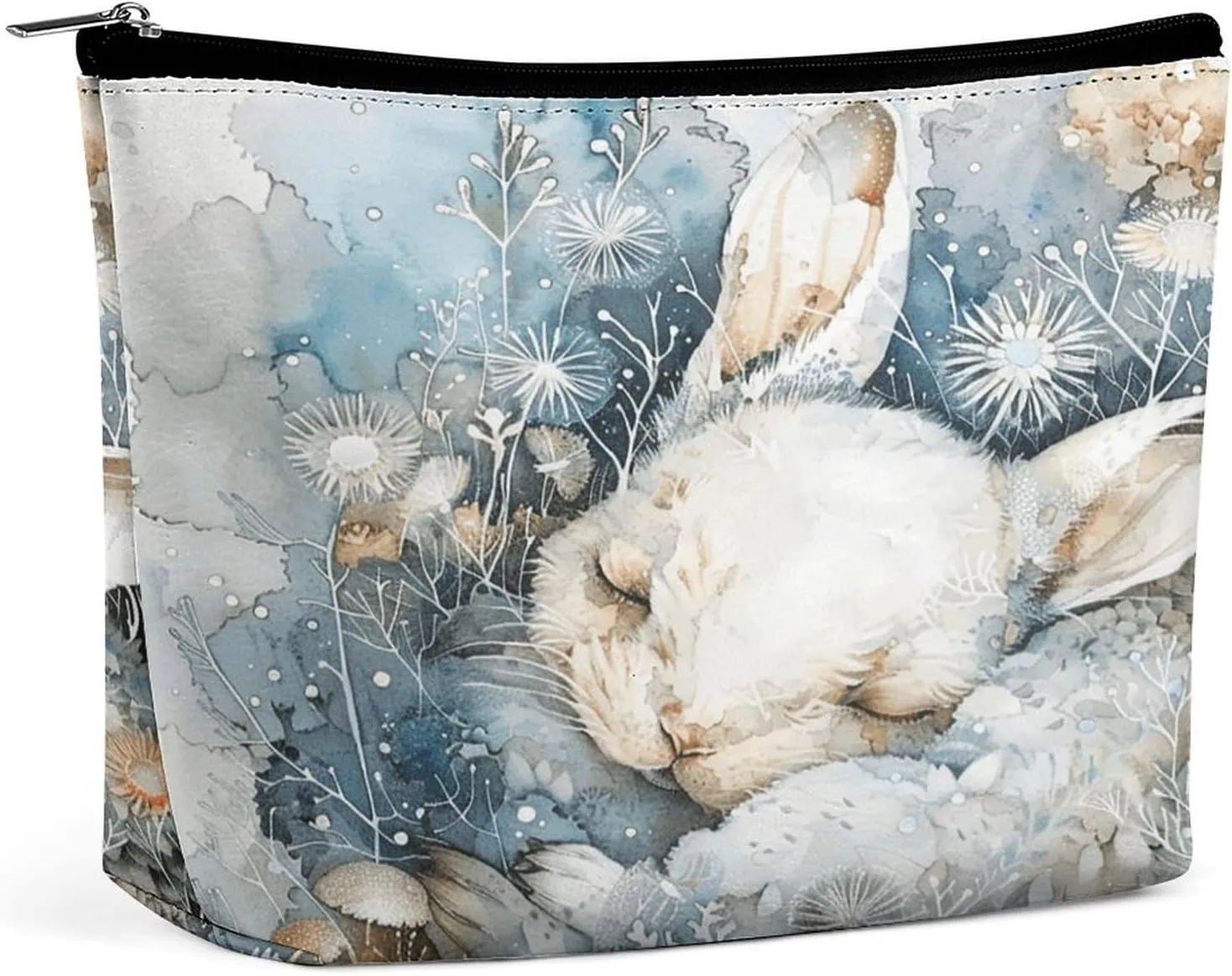Leather Makeup Bag Waterproof Cosmetic Bag for Women A Sleeping Rabbit Open Flat Toiletry Bags Portable Pouch With Zipper Make Up Organizer Case for Travel Accessories