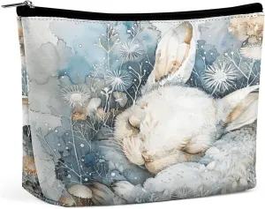 Leather Makeup Bag Waterproof Cosmetic Bag for Women A Sleeping Rabbit Open Flat Toiletry Bags Portable Pouch With Zipper Make Up Organizer Case for Travel Accessories