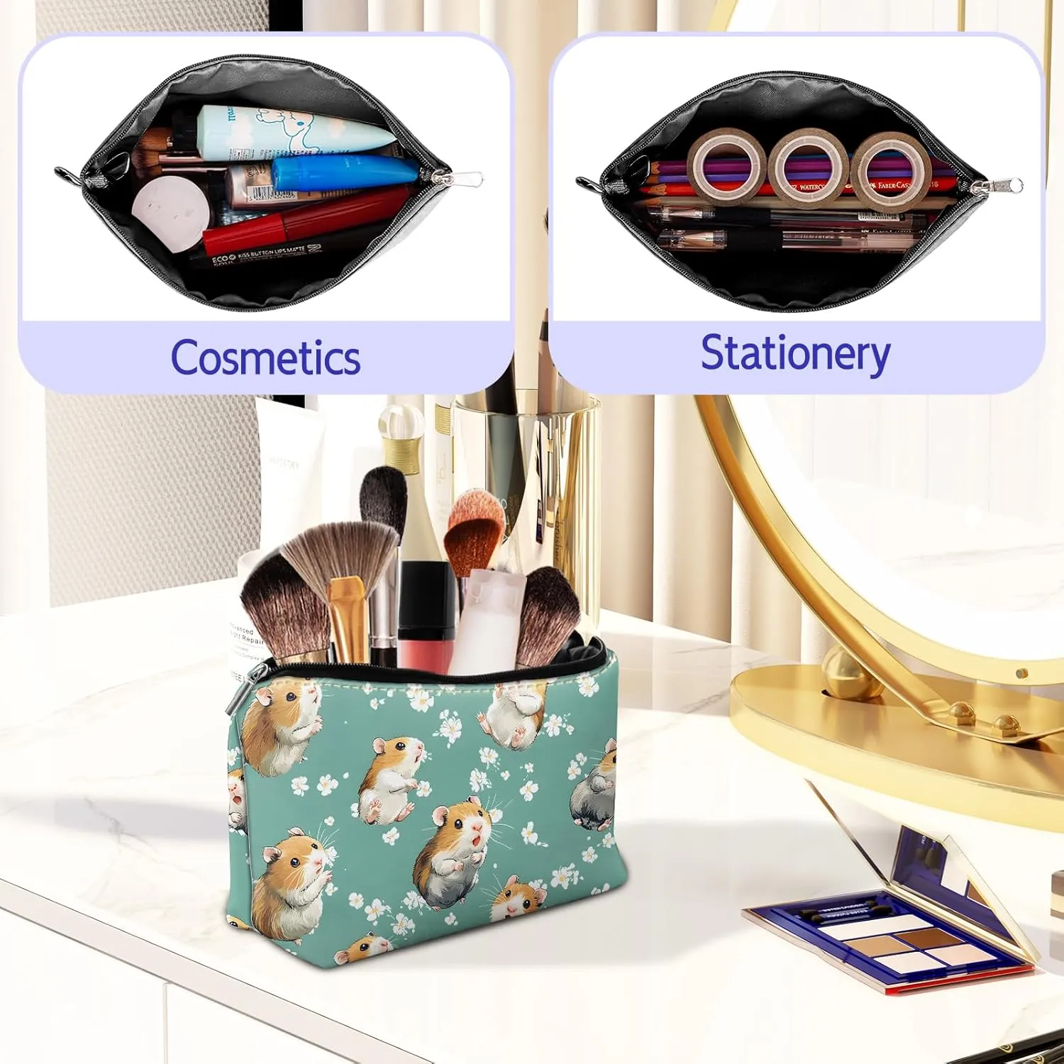 Leather Makeup Bag with Detachable Tape, Waterproof Portable Samll Cosmetic Bag Travel Accessories Organizer, Travel Toiletry Bag for Women Man, Cute Hamsters Make up Bag