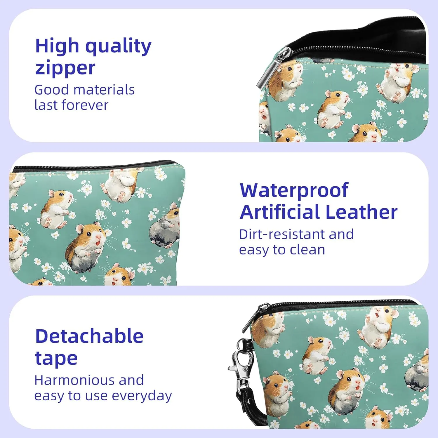 Leather Makeup Bag with Detachable Tape, Waterproof Portable Samll Cosmetic Bag Travel Accessories Organizer, Travel Toiletry Bag for Women Man, Cute Hamsters Make up Bag