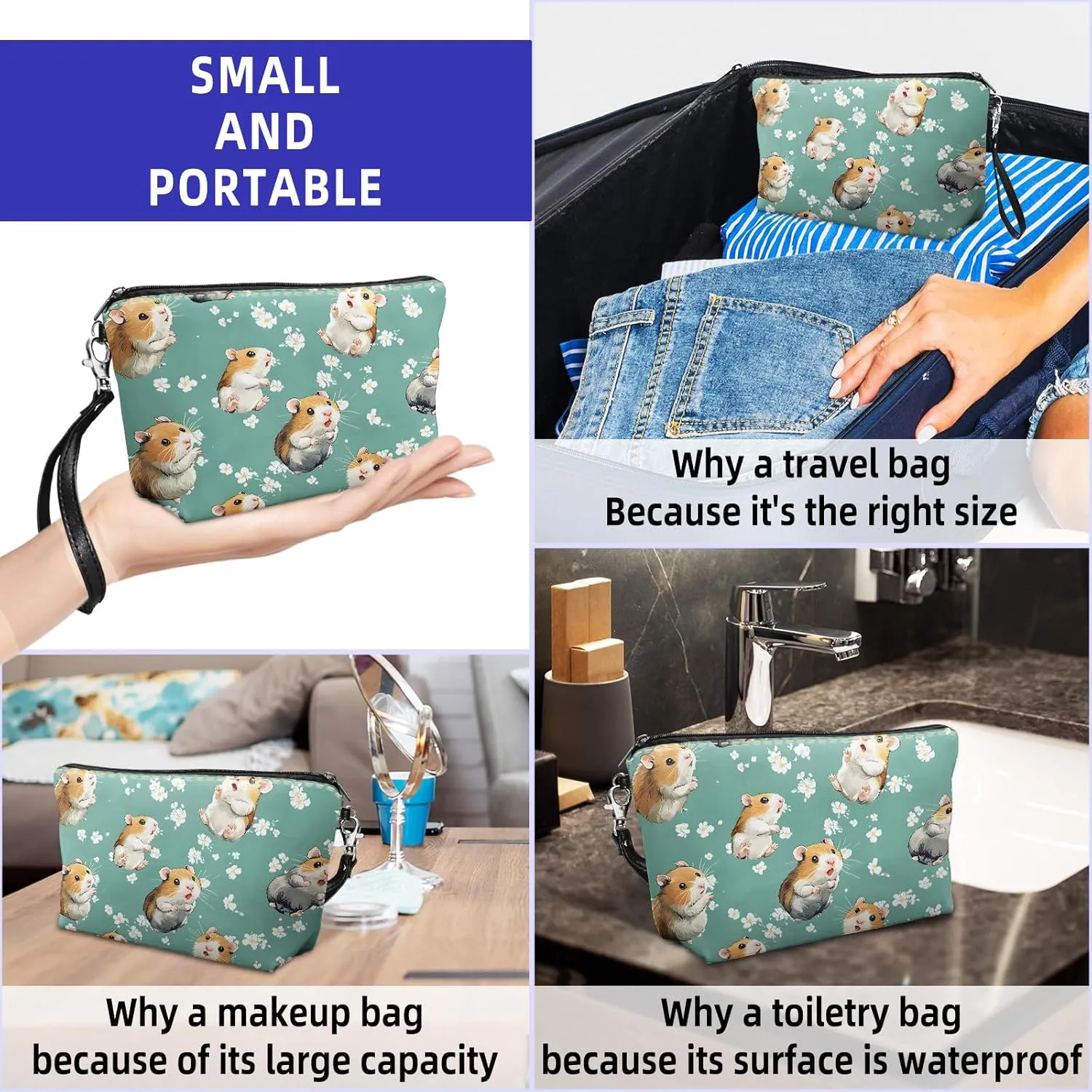 Leather Makeup Bag with Detachable Tape, Waterproof Portable Samll Cosmetic Bag Travel Accessories Organizer, Travel Toiletry Bag for Women Man, Cute Hamsters Make up Bag