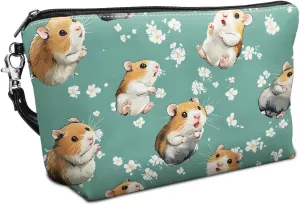 Leather Makeup Bag with Detachable Tape, Waterproof Portable Samll Cosmetic Bag Travel Accessories Organizer, Travel Toiletry Bag for Women Man, Cute Hamsters Make up Bag