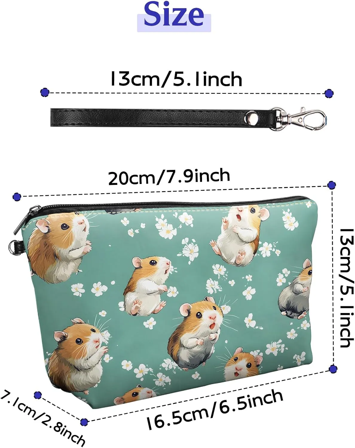 Leather Makeup Bag with Detachable Tape, Waterproof Portable Samll Cosmetic Bag Travel Accessories Organizer, Travel Toiletry Bag for Women Man, Cute Hamsters Make up Bag