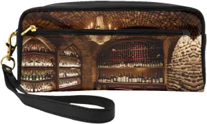 Leather Small Makeup Bag â€“ Red Wine Cellar picture Print Travel Toiletry Bag, Cosmetic Accessories Organizer for Business Trips