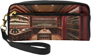 Leather Small Makeup Bag â€“ Red Wine Cellar Print Travel Toiletry Bag, Cosmetic Accessories Organizer for Business Trips