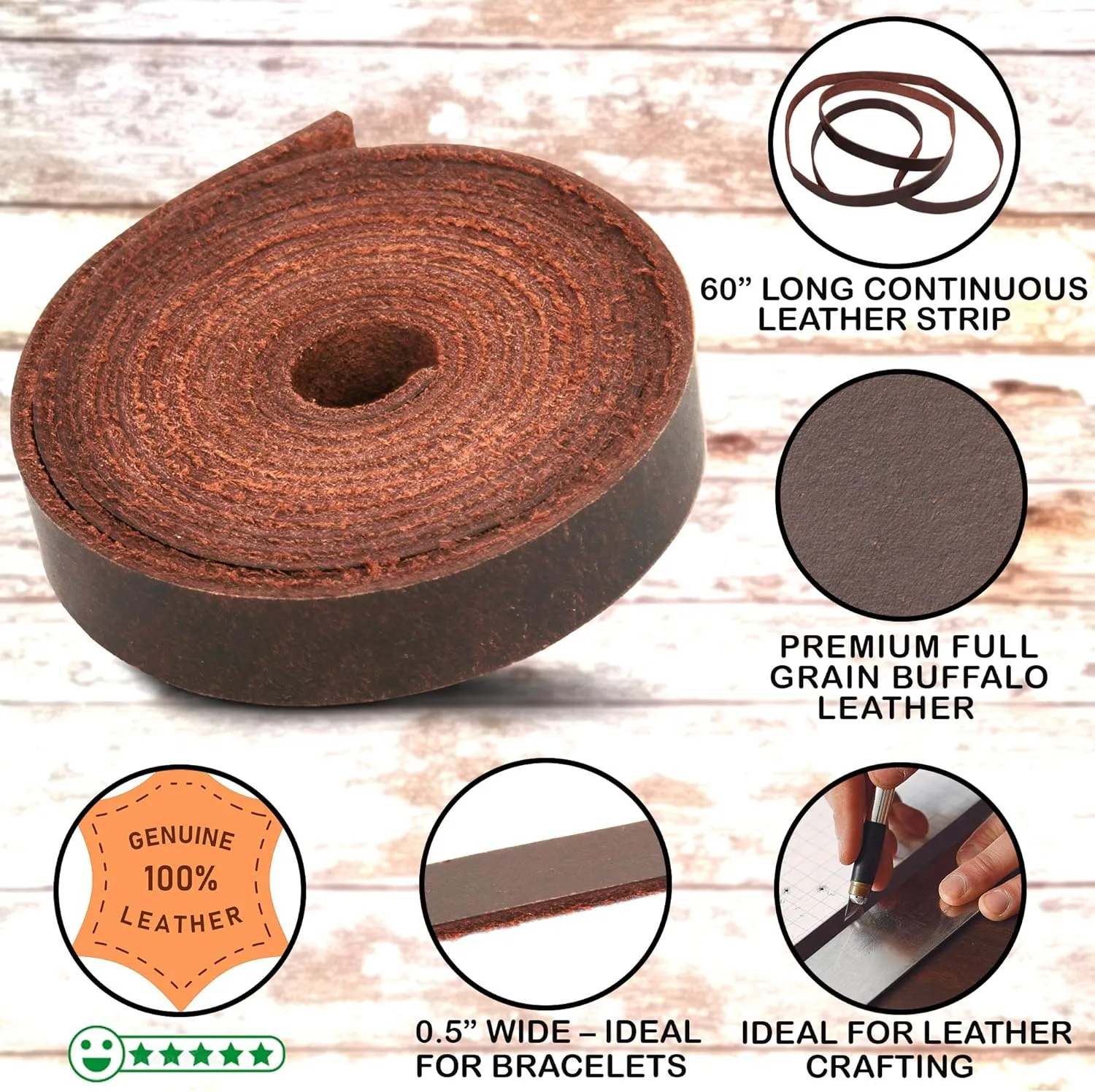 Leather Strap - Full Grain Buffalo Leather Strips for Crafts – Brown Leather Straps Ideal for Arts and Crafts, Tooling, Jewelry, DIY Home Decor, & More - Durable Tooling Leather Strip (0.5" x 60")