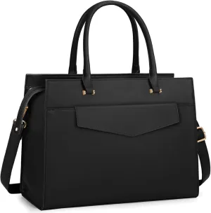 Leather Tote Bag Set - 15.6 inch Laptop Bag with Clutch Purse, Black