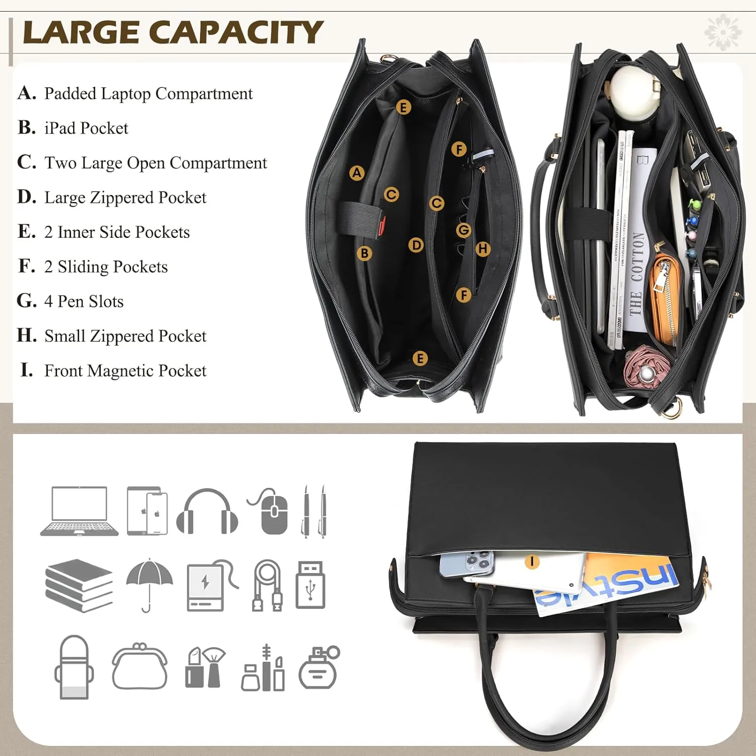Leather Tote Bag Set - 15.6 inch Laptop Bag with Clutch Purse, Black