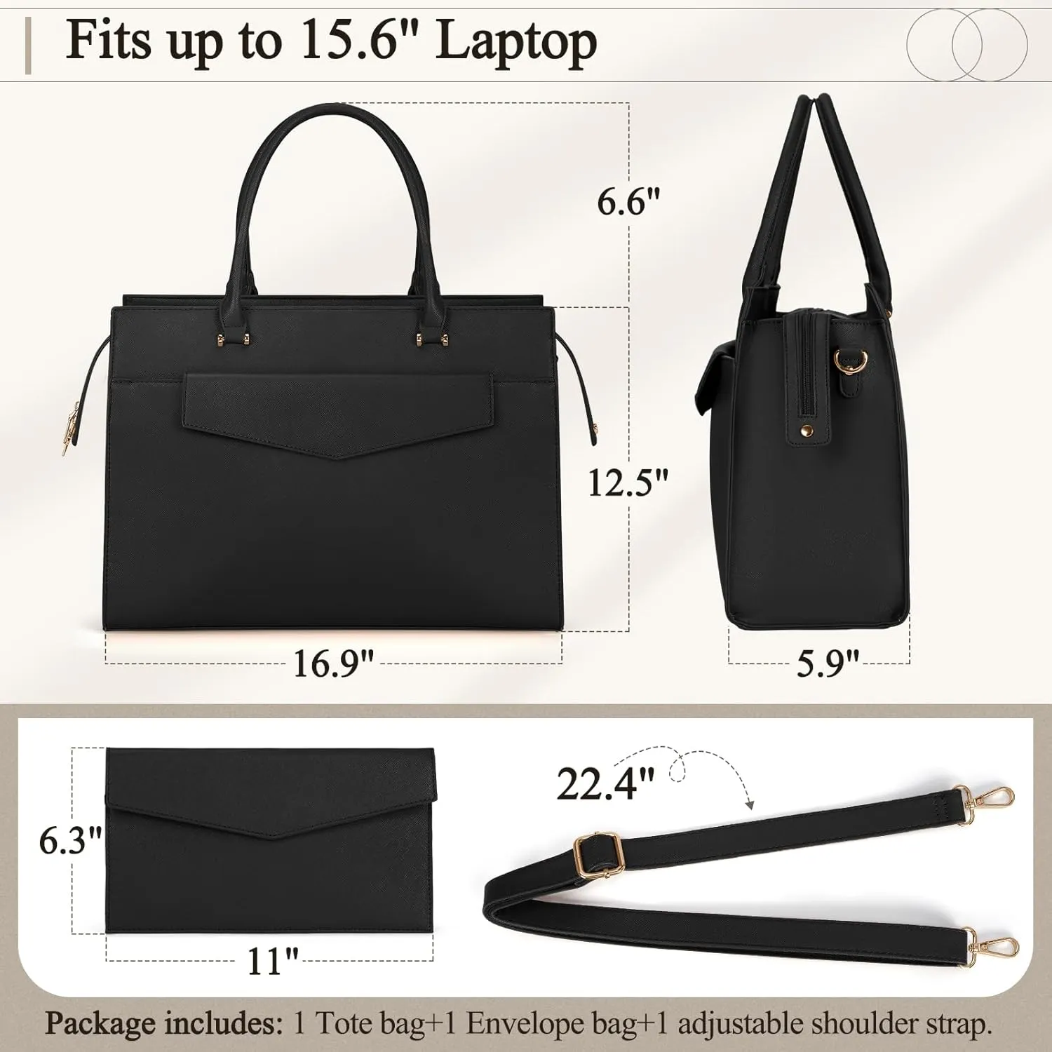 Leather Tote Bag Set - 15.6 inch Laptop Bag with Clutch Purse, Black