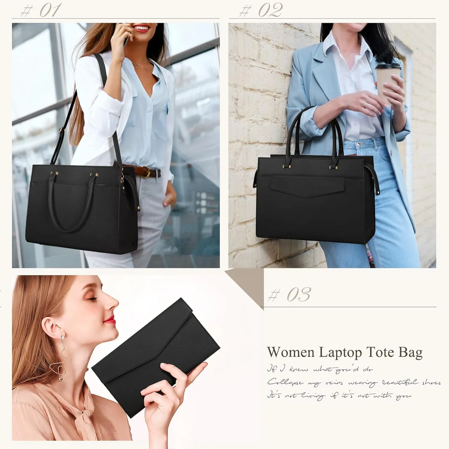 Leather Tote Bag Set - 15.6 inch Laptop Bag with Clutch Purse, Black