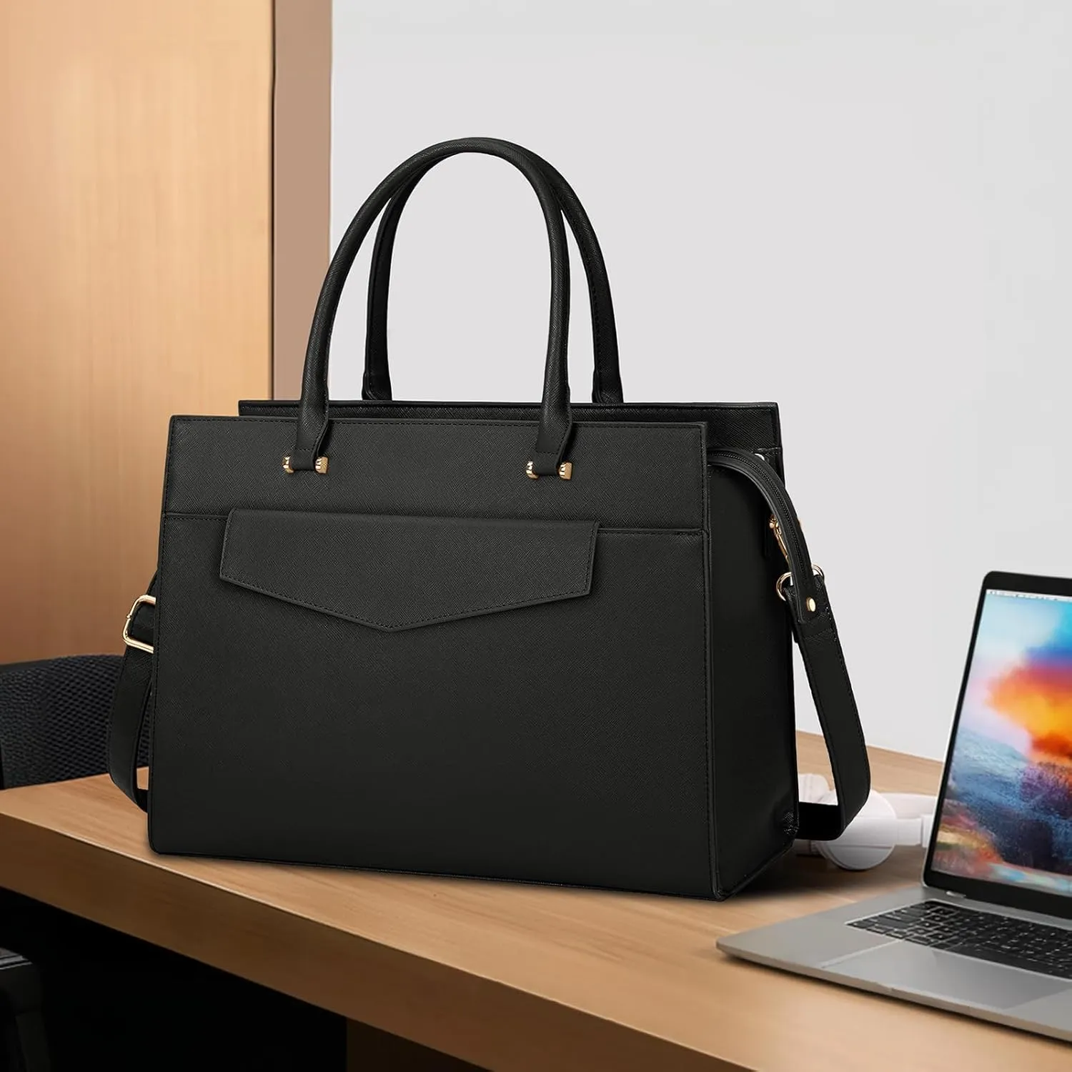 Leather Tote Bag Set - 15.6 inch Laptop Bag with Clutch Purse, Black