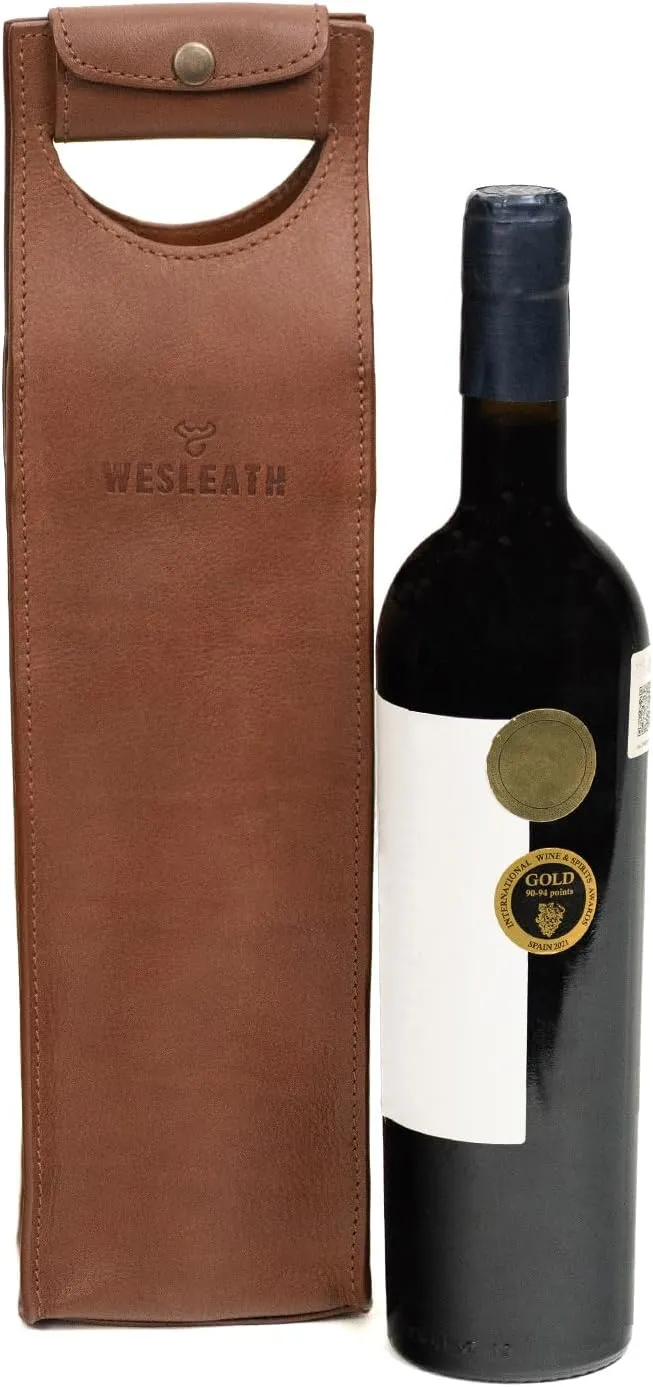 Leather Tote Wine Carrier Bag | Premium Quality Single Bottle Carry with Strong Handles, Full Grain Leather & Metal Buckle - Protective Carrier for Picnic, Wine Champagne Gift Bag (Bourbon)