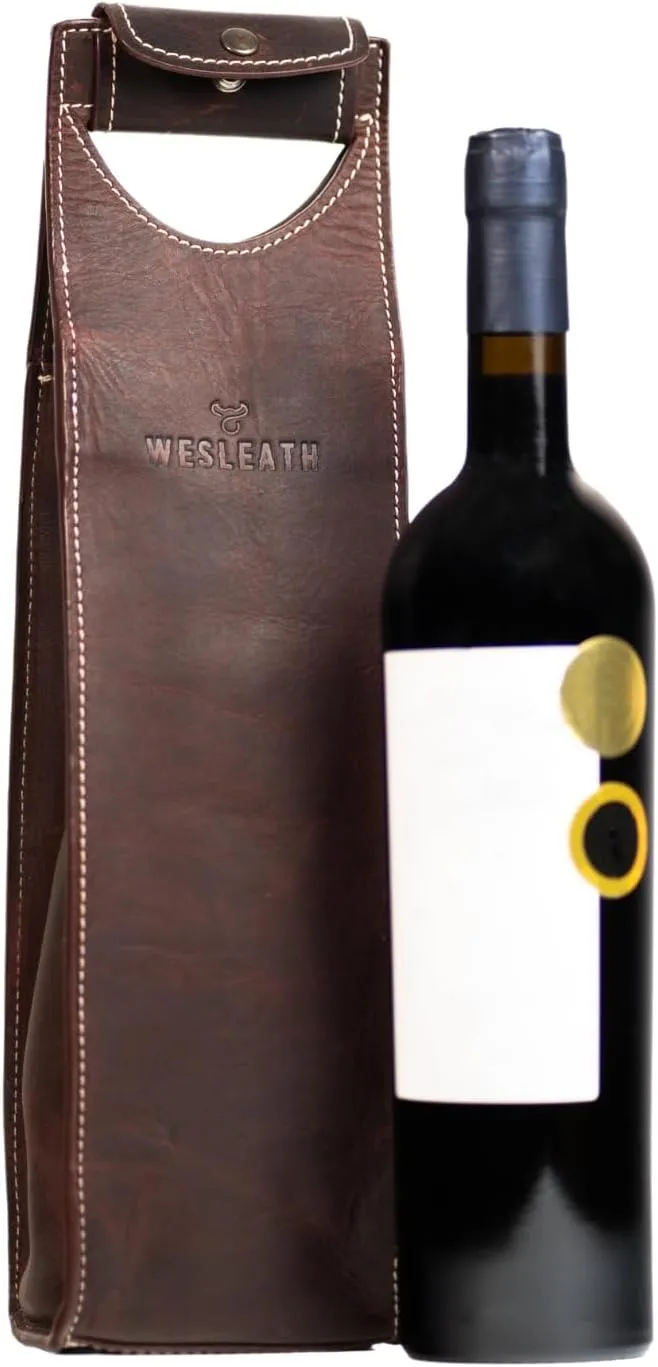 Leather Tote Wine Carrier Bag | Premium Quality Single Bottle Carry with Strong Handles, Full Grain Leather & Metal Buckle - Protective Carrier for Picnic, Wine Champagne Gift Bag in Burgundy