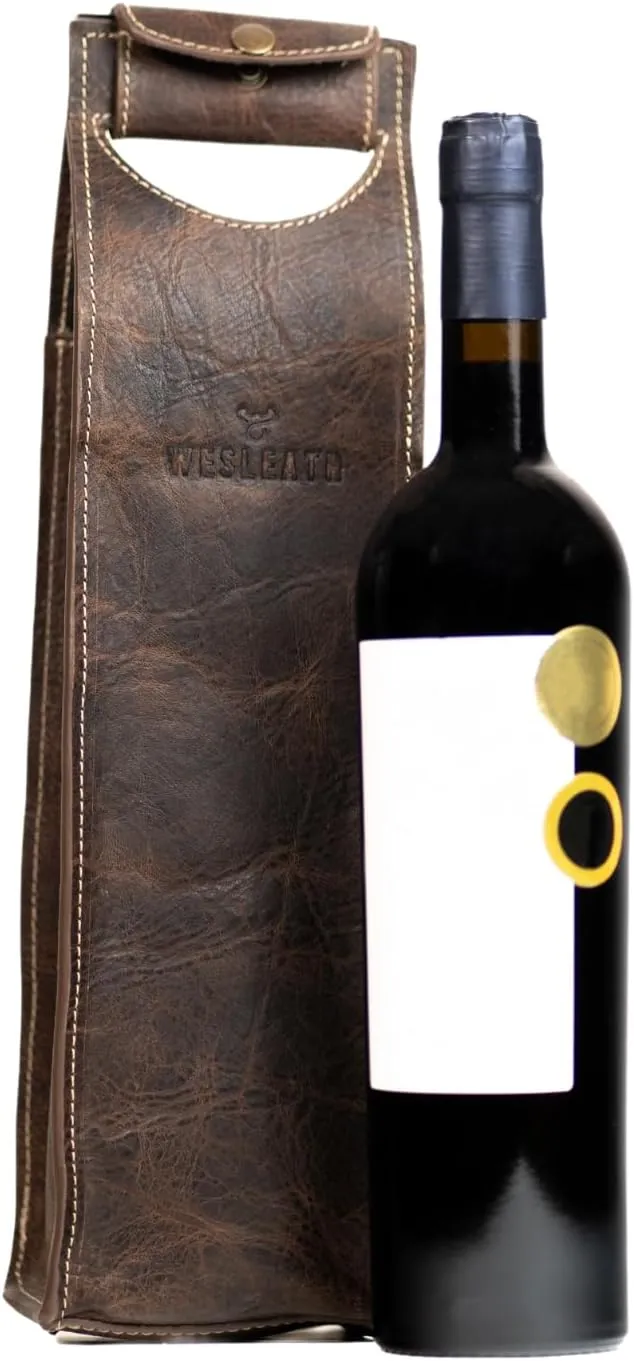 Leather Tote Wine Carrier Bag | Premium Quality Single Bottle Carry with Strong Handles, Full Grain Leather & Metal Buckle - Protective Carrier for Picnic, Wine Champagne Gift Bag in Chocolate