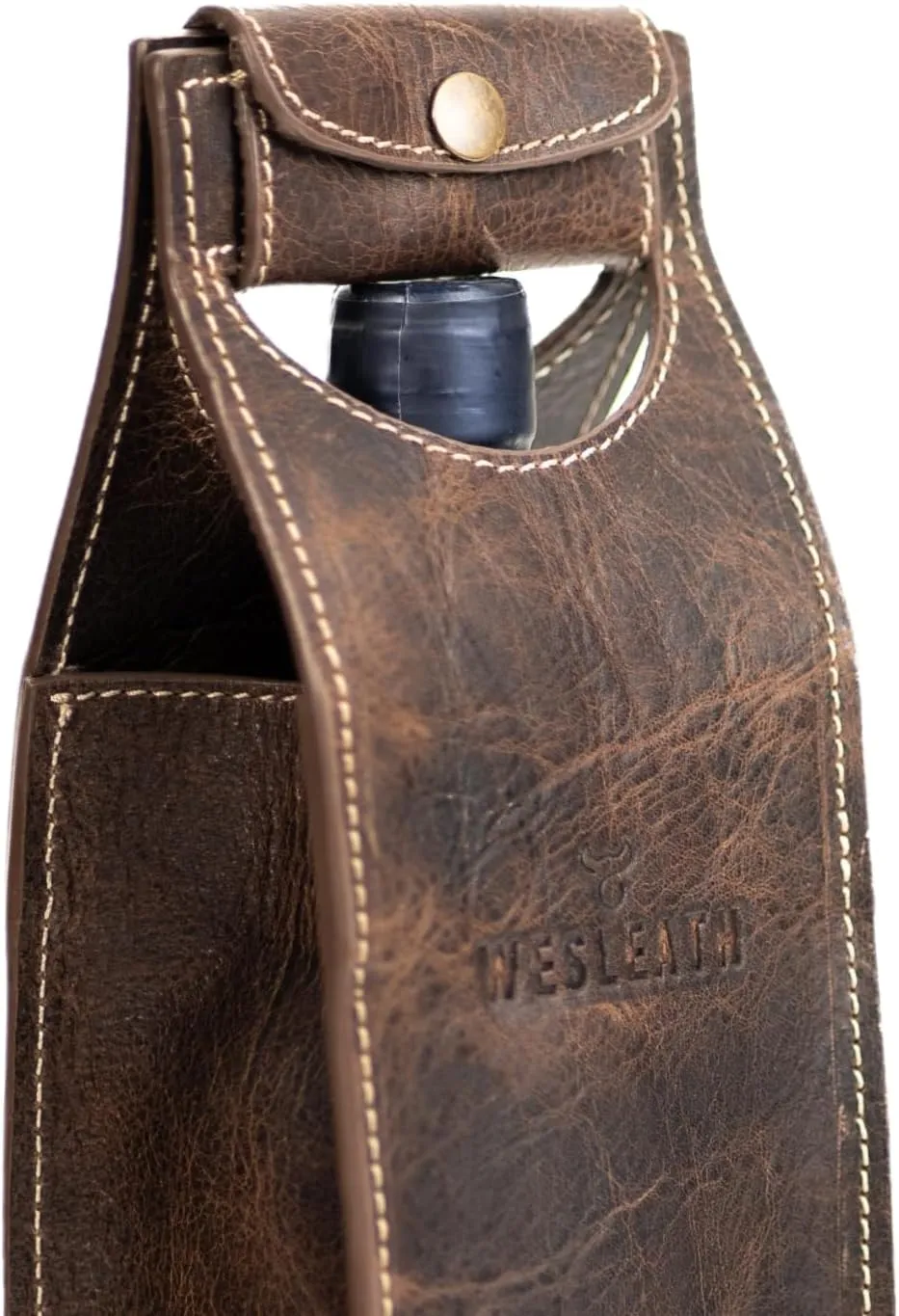 Leather Tote Wine Carrier Bag | Premium Quality Single Bottle Carry with Strong Handles, Full Grain Leather & Metal Buckle - Protective Carrier for Picnic, Wine Champagne Gift Bag in Chocolate