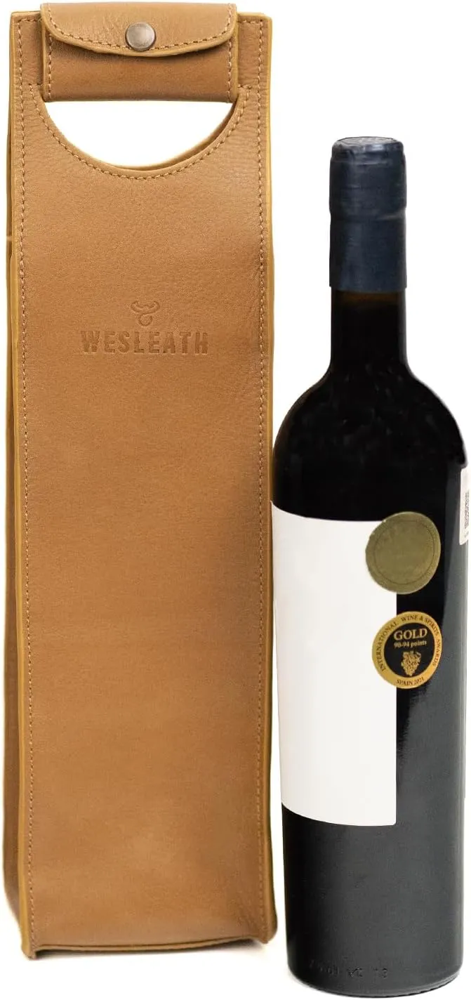 Leather Tote Wine Carrier Bag | Premium Quality Single Bottle Carry with Strong Handles, Full Grain Leather & Metal Buckle - Protective Carrier for Picnic, Wine Champagne Gift Bag in Sand
