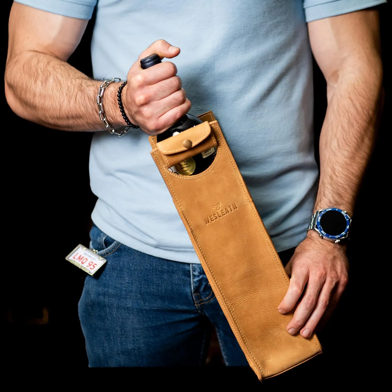 Leather Tote Wine Carrier Bag | Premium Quality Single Bottle Carry with Strong Handles, Full Grain Leather & Metal Buckle - Protective Carrier for Picnic, Wine Champagne Gift Bag in Sand