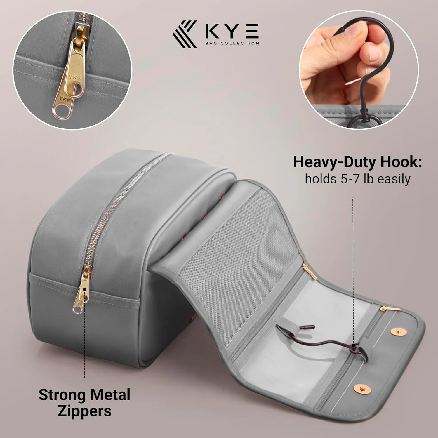 Leather Travel Toiletry Bag for Men with Removable Cover and Hanging Hook - Dopp Kit for men - Makeup Bag Organizer for Women for all your Travel Essentials (Grey)