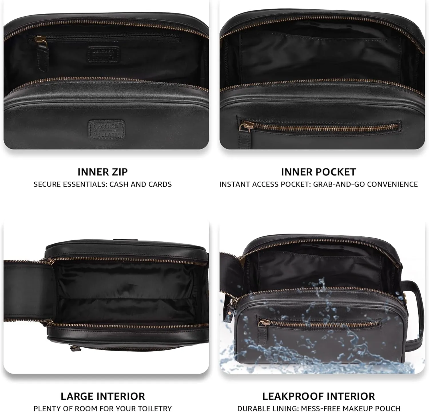 LEATHER VILLAGE Premium Leather Toiletry Travel Pouch With Waterproof Lining - Black | King-Size Handcrafted Vintage Dopp Kit Bag