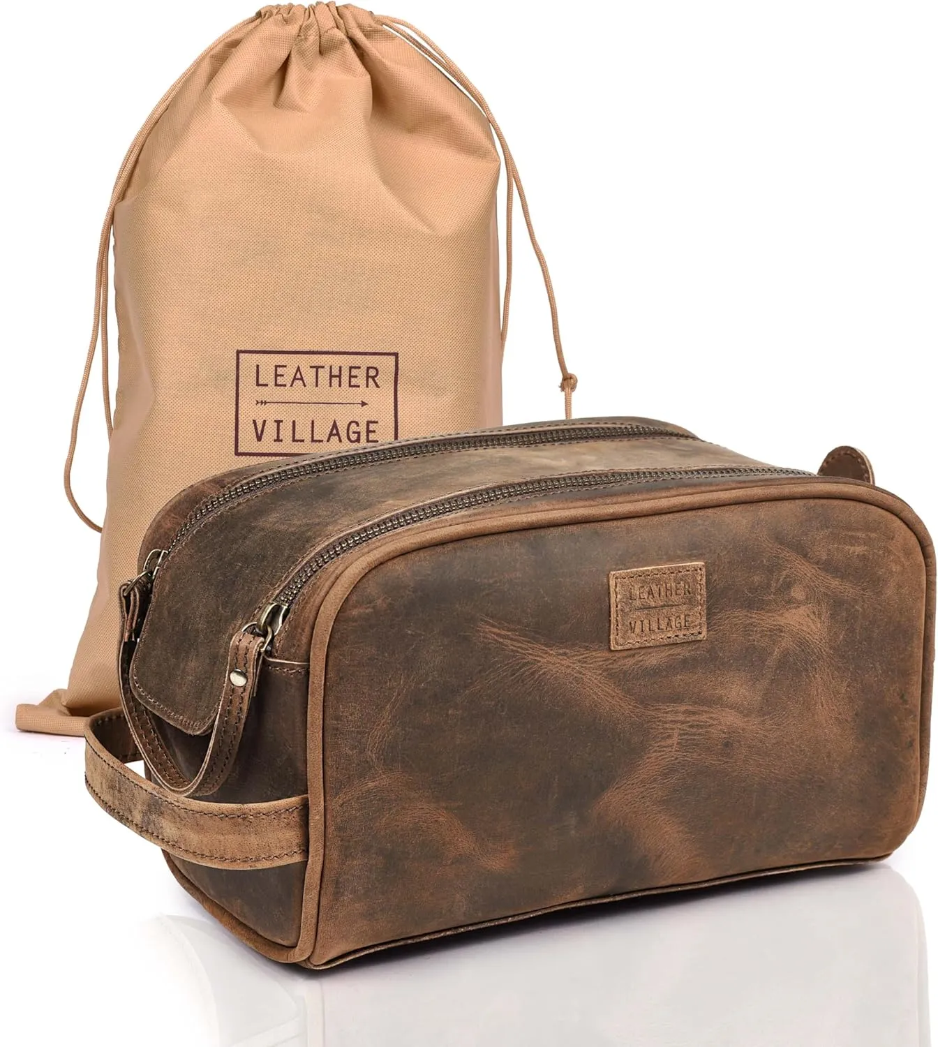 LEATHER VILLAGE Premium Leather Toiletry Travel Pouch With Waterproof Lining - Brown | King-Size Handcrafted Vintage Dopp Kit Bag
