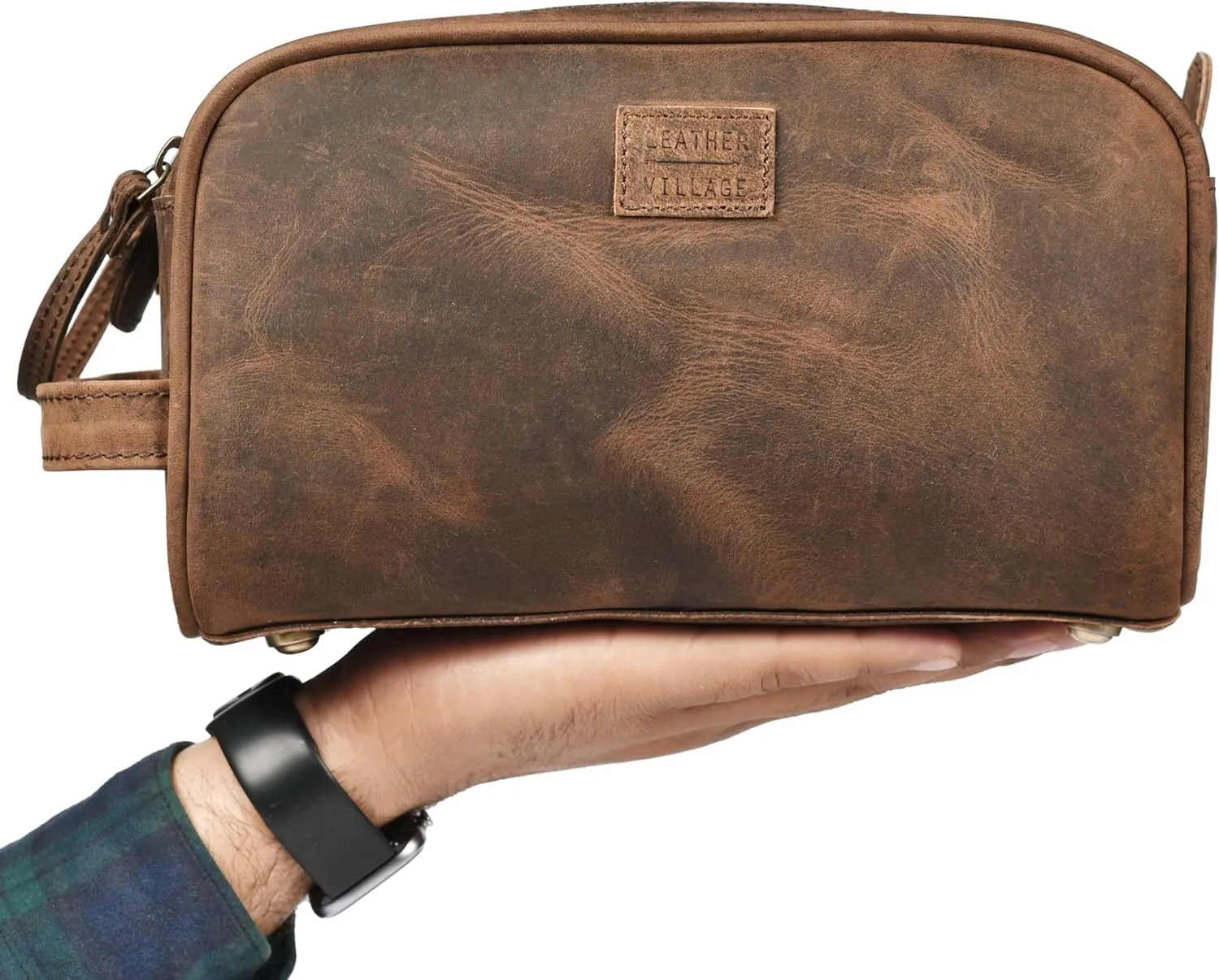 LEATHER VILLAGE Premium Leather Toiletry Travel Pouch With Waterproof Lining - Brown | King-Size Handcrafted Vintage Dopp Kit Bag