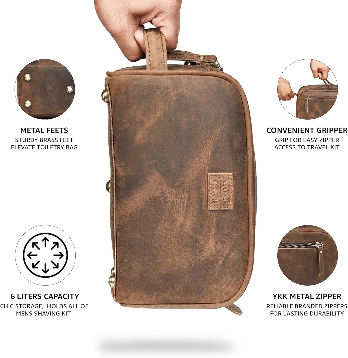LEATHER VILLAGE Premium Leather Toiletry Travel Pouch With Waterproof Lining - Brown | King-Size Handcrafted Vintage Dopp Kit Bag