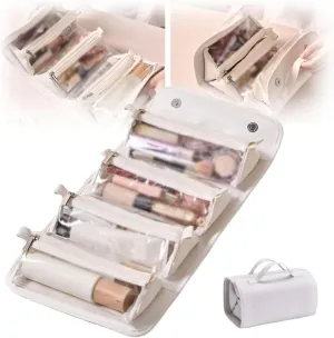 Leather Waterproof Cosmetic Bag Detachable 4 In 1,Roll Up Makeup Bag,Foldable Toiletry Bag,Roll Up Toiletry Bag,Foldable Cosmetic Travel Bag,Hanging Makeup Bag With Compartments (White)