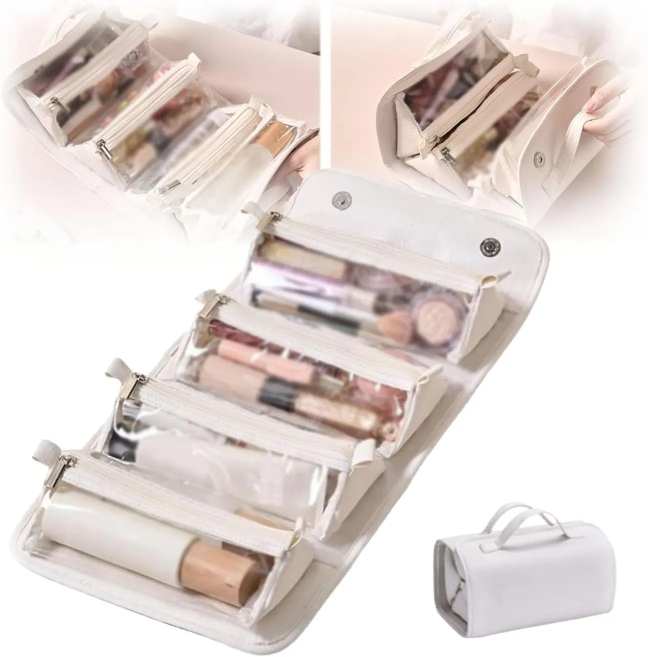 Leather Waterproof Cosmetic Bag Detachable 4 In 1,Roll Up Makeup Bag,Foldable Toiletry Bag,Roll Up Toiletry Bag,Foldable Cosmetic Travel Bag,Hanging Makeup Bag With Compartments (White)